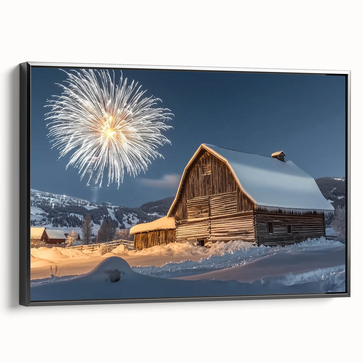 Barn-themed landscape canvas print in a black frame, showcasing vibrant colors and detailed imagery, ideal for rustic home decor. Perfect for enhancing living spaces.