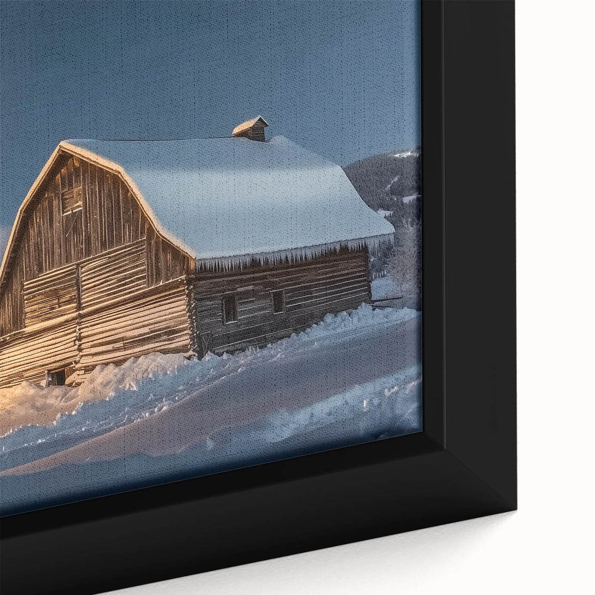 Close-up of a landscape barn framed canvas featuring vibrant colors and intricate details, showcasing rustic charm perfect for home decor and wall art enthusiasts.