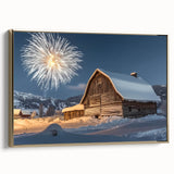 Elegant side view of a framed landscape canvas art featuring a serene barn scene, highlighted by a gold frame. Ideal for rustic home decor, adding warmth and charm to any room.