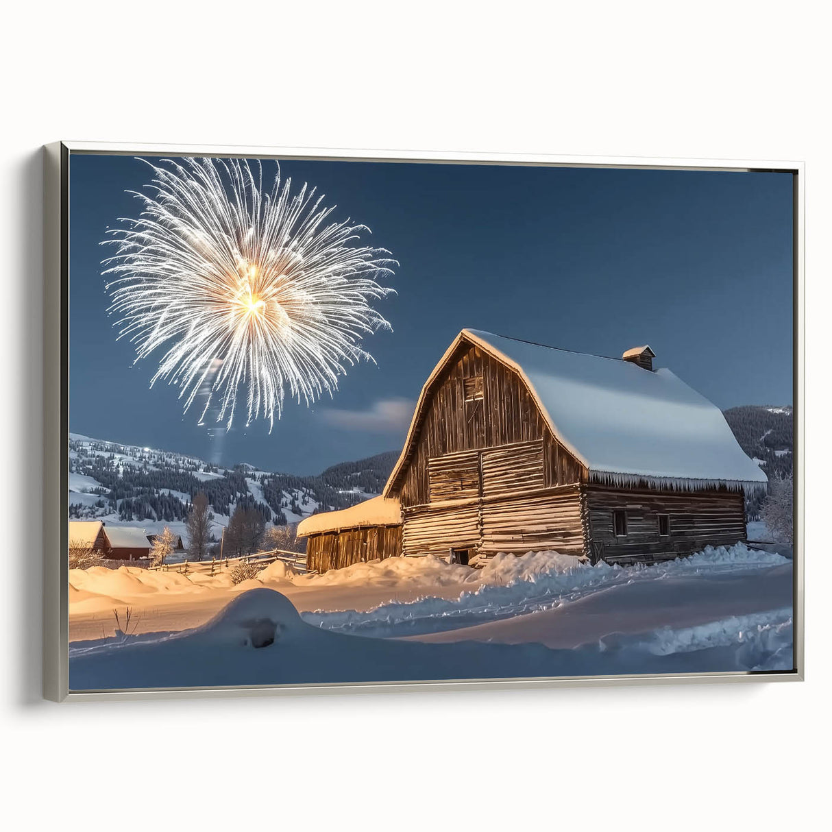 Landscape barn-framed canvas artwork showcasing a serene rural scene, featuring rich green fields and a clear blue sky, designed to enhance home decor aesthetics.