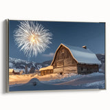 Landscape barn-framed canvas artwork showcasing a serene rural scene, featuring rich green fields and a clear blue sky, designed to enhance home decor aesthetics.