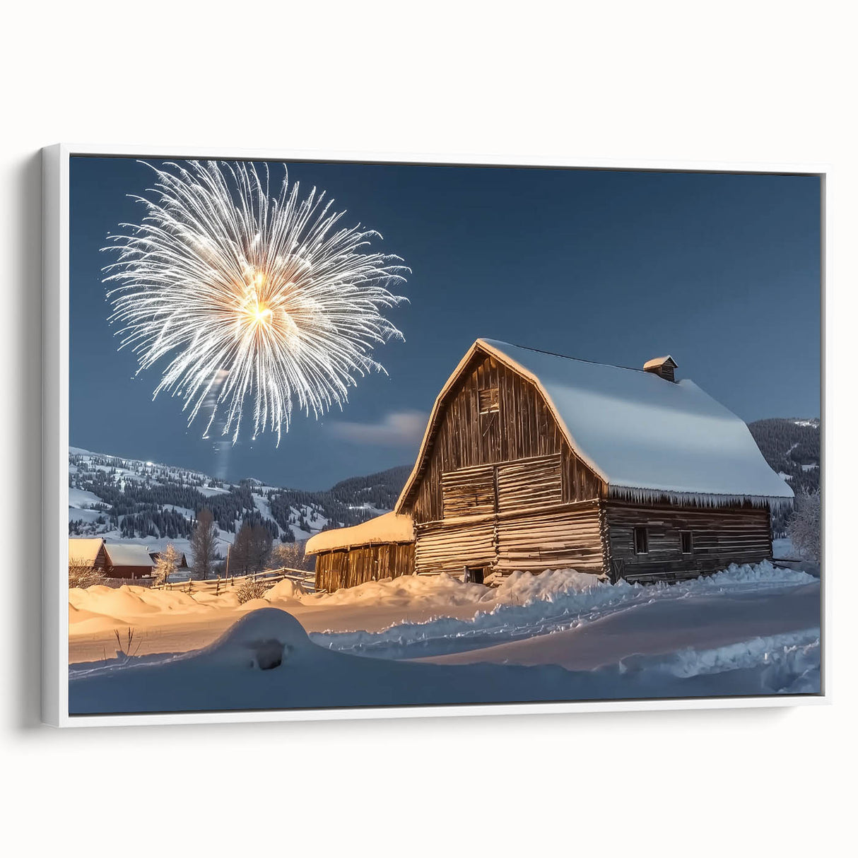 Barn-themed canvas art in a white frame, showcasing a serene landscape scene with soft colors and detailed textures, perfect for home decor.