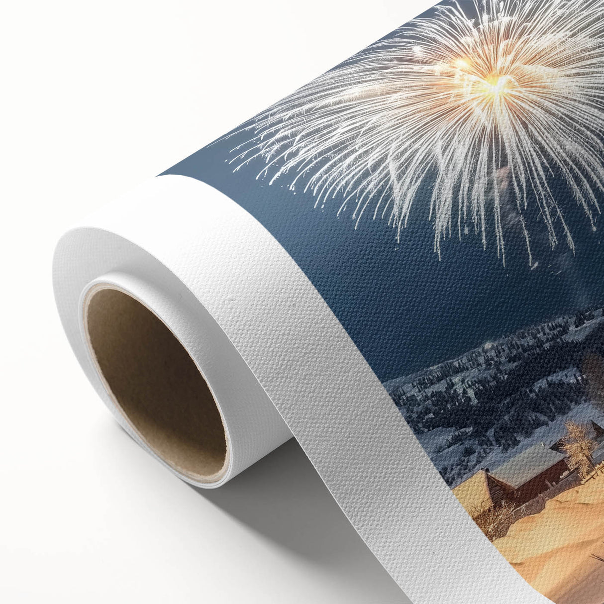Rolled canvas showcasing a vibrant landscape barn design, featuring rich colors and detailed textures, securely packaged in a protective cardboard tube for safe shipping.