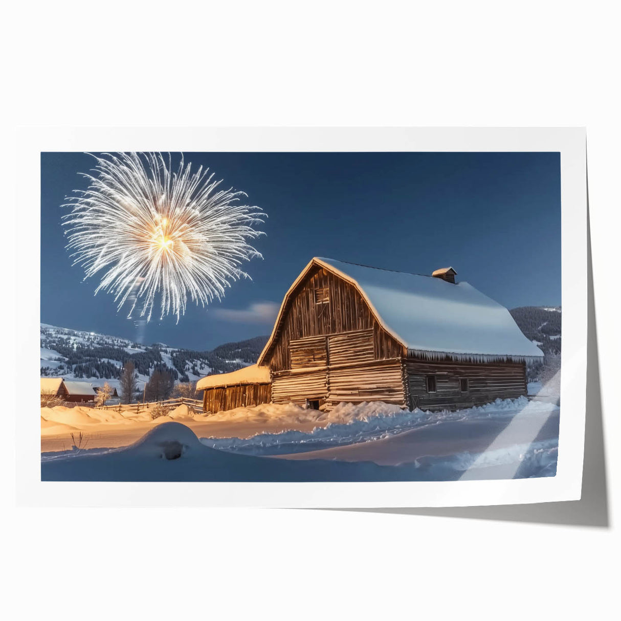Rolled print showcasing a vibrant landscape of a rustic barn set against a vivid sky, carefully packaged in a protective cardboard tube for easy transport.