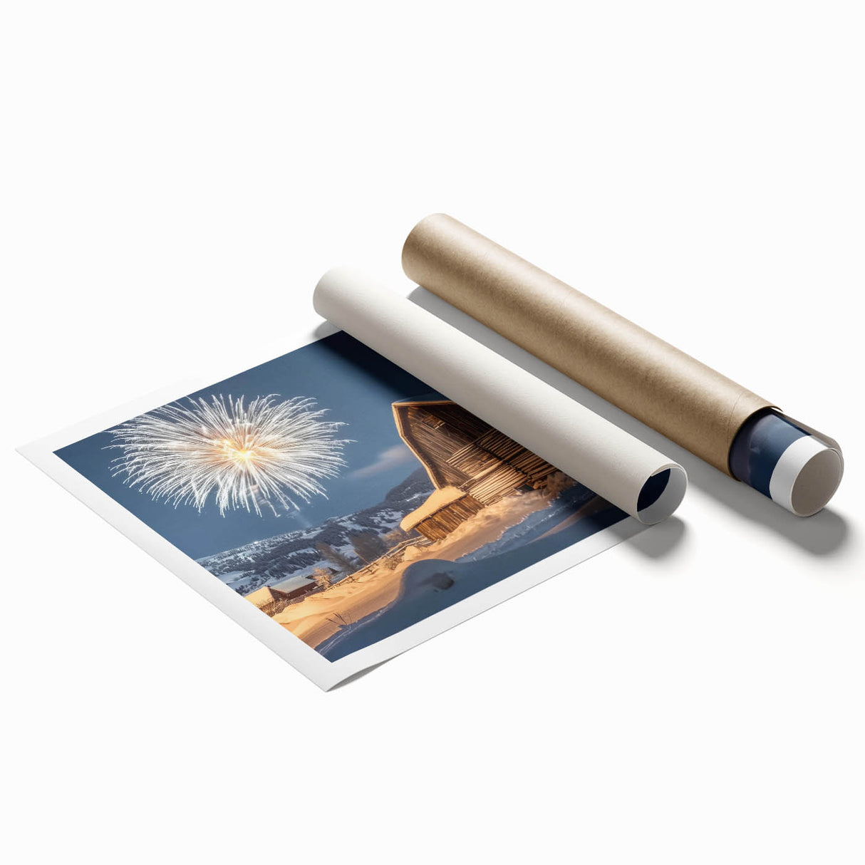 Landscape barn print on rolled canvas showcasing rustic charm with vibrant colors and detailed textures, elegantly packaged in a protective cardboard tube for safe delivery.