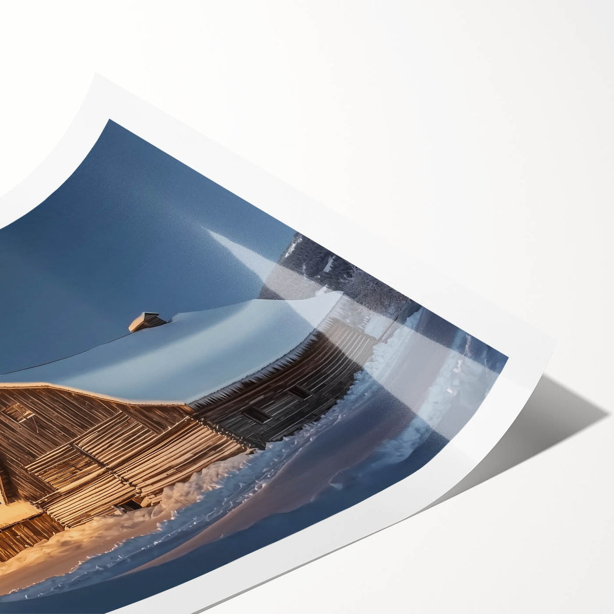 Rolled landscape print showcasing a rustic barn scene against a vibrant sunset, featuring warm tones of orange and yellow, safely packaged in a protective tube.