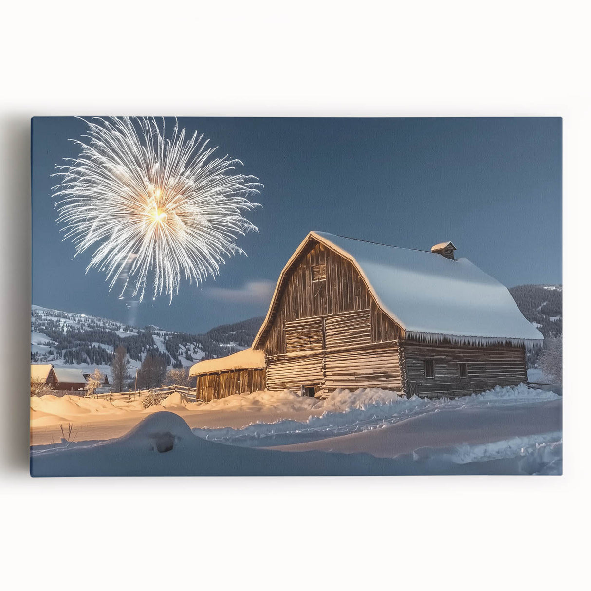 Stretched canvas art depicting a vibrant landscape scene with a rustic barn surrounded by lush greenery, ideal for farmhouse decor. Perfect for enhancing living spaces.