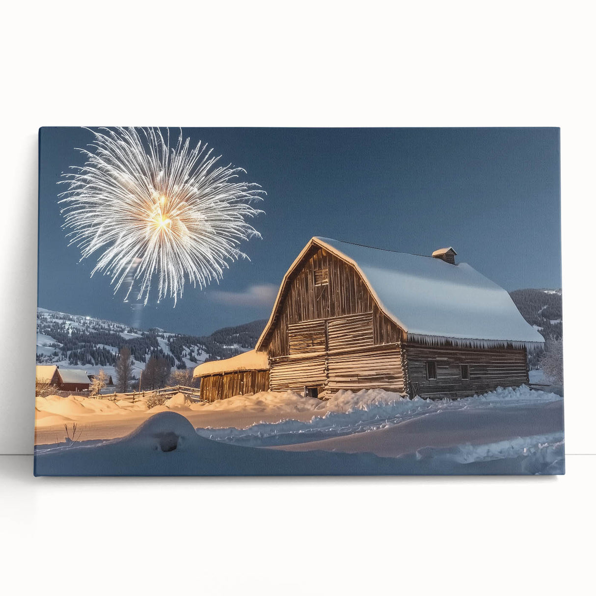 Stretched canvas artwork depicting a serene landscape with a rustic barn, surrounded by lush greenery, perfect for adding a tranquil touch to home decor.