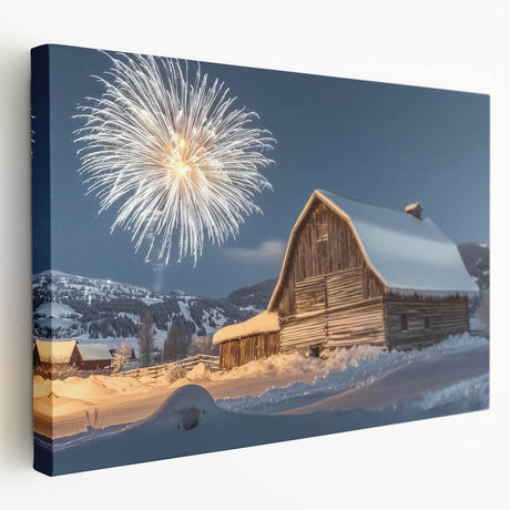 Stretched canvas artwork depicting a serene landscape featuring a rustic barn surrounded by lush greenery, perfect for enhancing home decor with a rural charm.