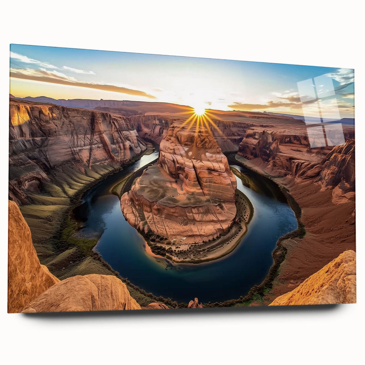 Acrylic glass artwork showcasing vibrant canyons landscape from a side view, emphasizing rich colors and intricate details, ideal for modern home décor. Perfect for art enthusiasts looking to enhance living spaces with nature-inspired designs.