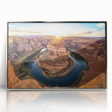 Framed acrylic artwork depicting a stunning landscape of colorful canyons, featuring rich hues of orange, red, and blue, ideal for modern home decor.