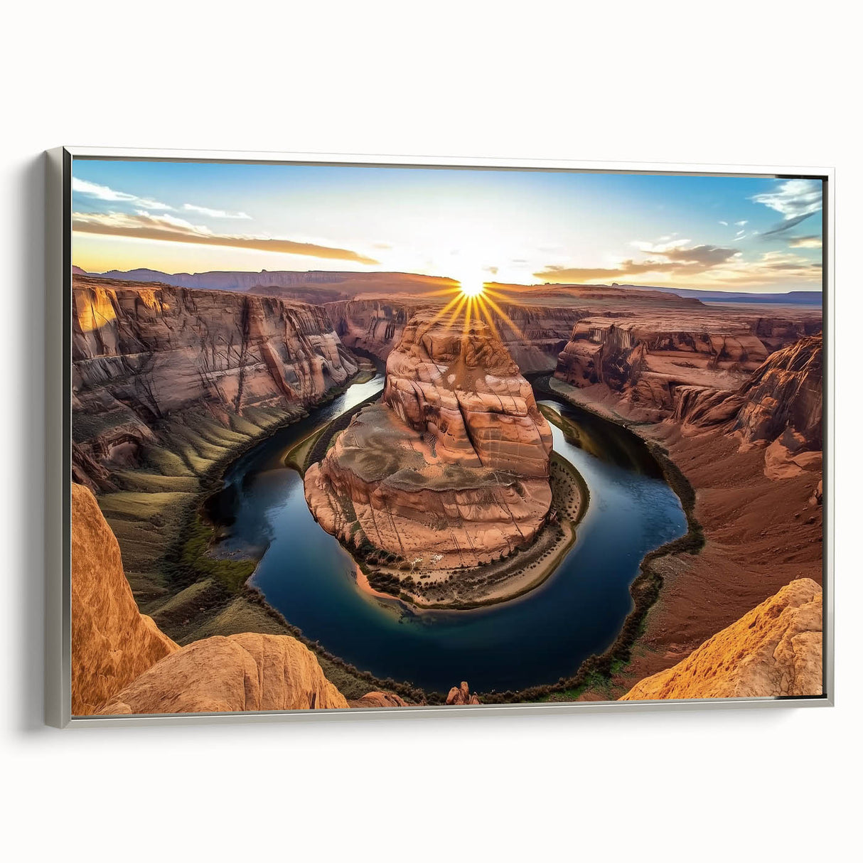 Framed landscape canvas art depicting stunning canyons in earthy tones, featuring a sleek silver frame, ideal for enhancing home decor and adding natural beauty.