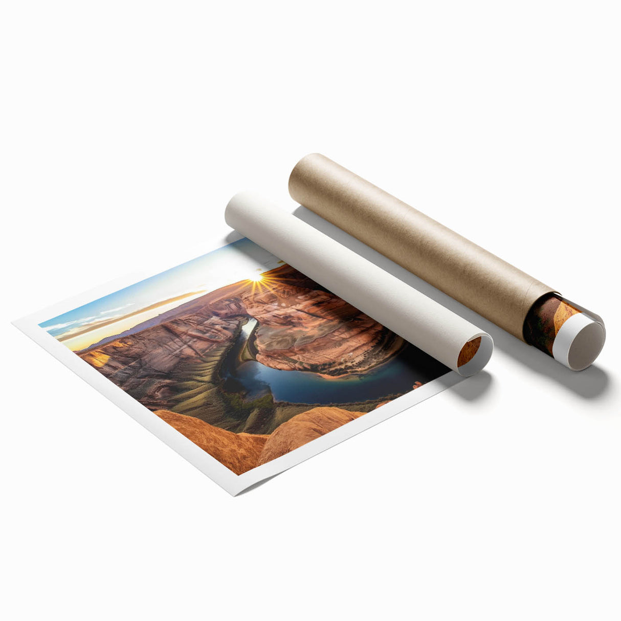 Stunning landscape print showcasing vibrant canyons in rich earthy tones, rolled and ready for display, perfect for enhancing any room's decor.