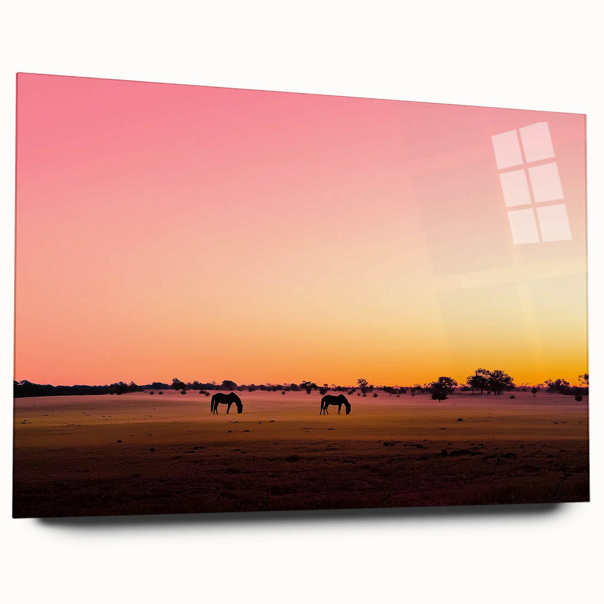 Acrylic glass artwork showcasing a vibrant countryside landscape in rich greens and blues, presented in a modern side view without pins, perfect for home decor.