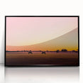 Framed acrylic art piece showcasing a serene countryside landscape with vibrant green fields and a clear blue sky, presented in a sleek black frame, ideal for home decor.