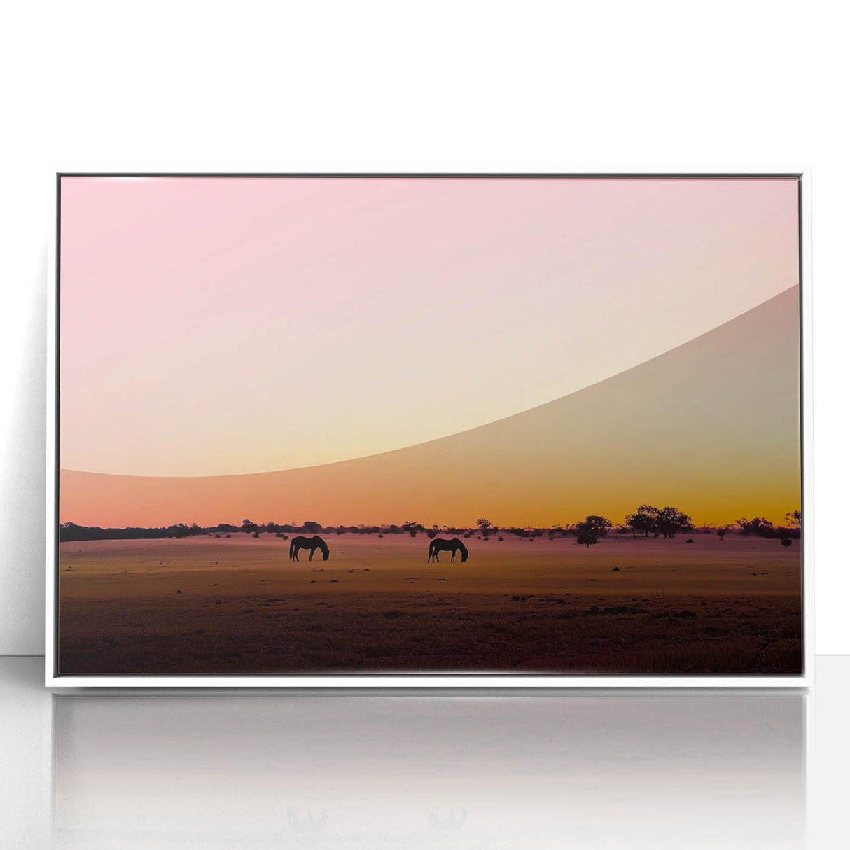 Framed acrylic artwork showcasing a scenic countryside landscape, featuring vibrant green fields and a blue sky, elegantly presented in a sleek white frame. Ideal for home decor enthusiasts.