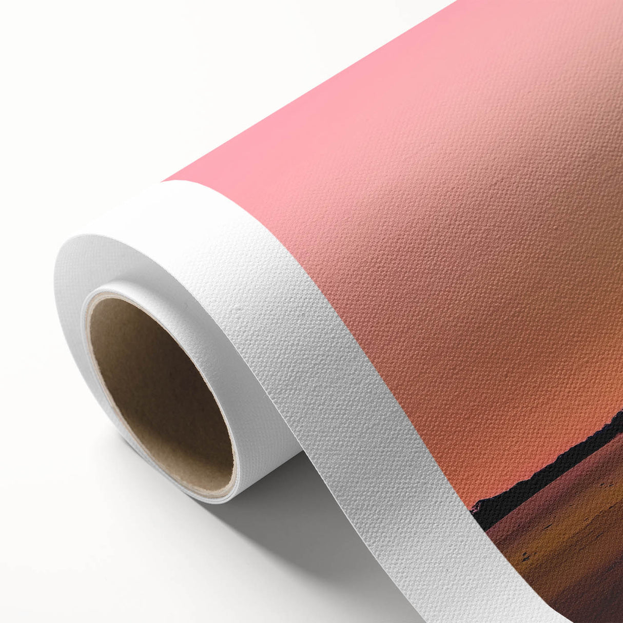 Rolled canvas artwork depicting a serene countryside landscape with lush greenery and a clear blue sky, elegantly packaged in a protective cardboard tube for delivery.