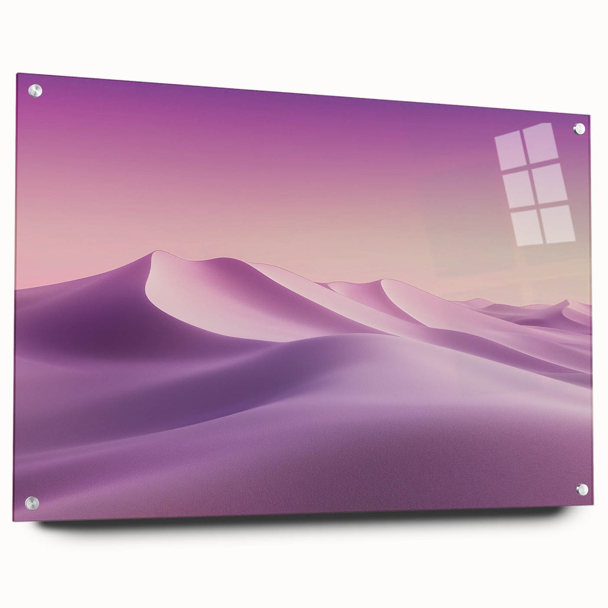 Desert landscape acrylic artwork displayed from a side view, featuring vibrant colors and intricate details, secured with pins for a modern aesthetic in home decor.