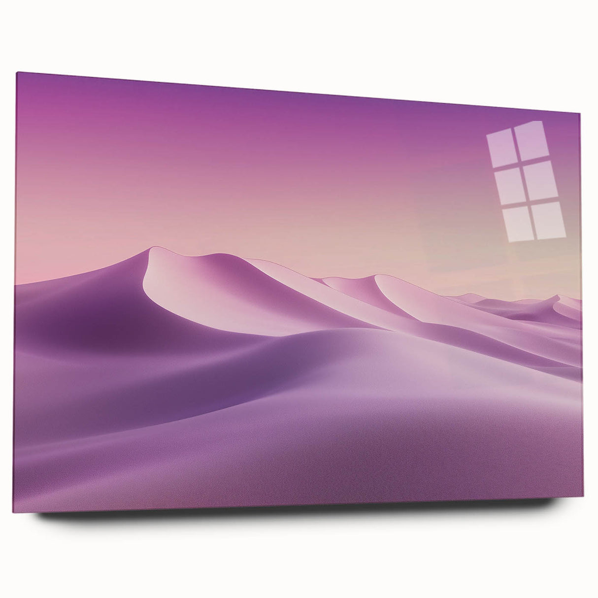 Desert landscape acrylic glass artwork showcasing vibrant orange and yellow hues with a sleek side view design, perfect for modern decor enthusiasts.