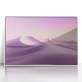 Framed acrylic artwork depicting a vibrant desert landscape with warm tones of orange and yellow, set against a crisp white frame, ideal for modern home decor.