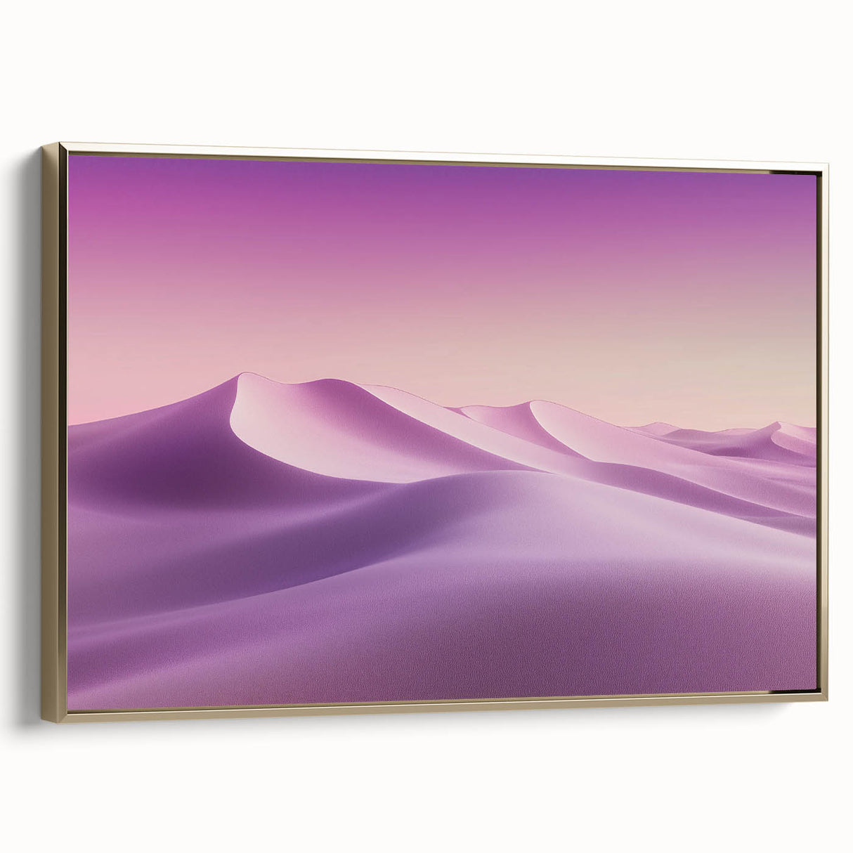 Framed canvas artwork showcasing a vibrant desert landscape with golden hues, elegantly displayed in a sleek gold frame, ideal for enhancing modern interior decor.