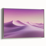 Framed canvas artwork showcasing a detailed desert landscape with vibrant colors and a silver frame, ideal for enhancing home decor and creating a serene atmosphere.