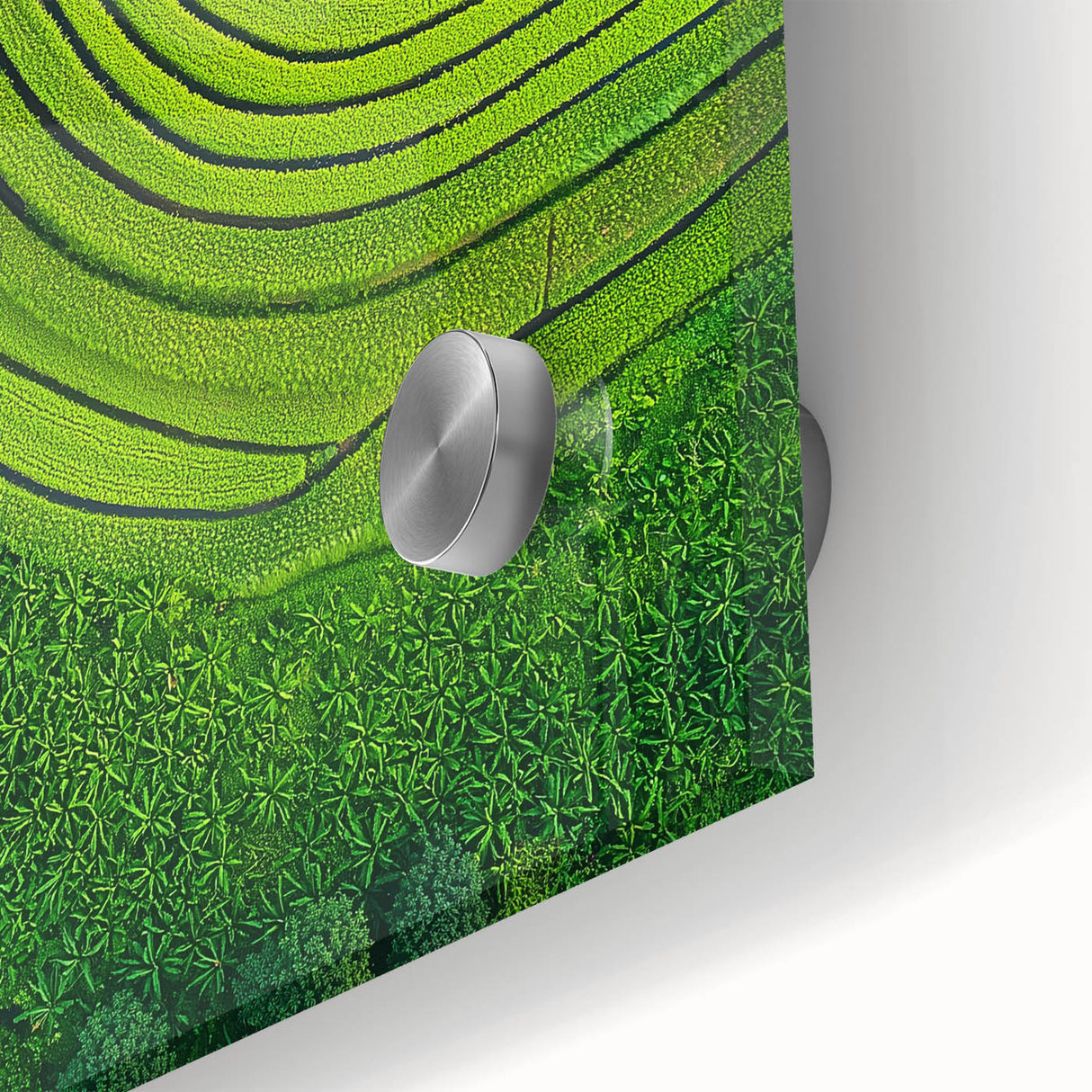 Close-up of a vibrant acrylic painting depicting colorful fields and landscapes, showcasing intricate details and textures that enhance its artistic appeal.