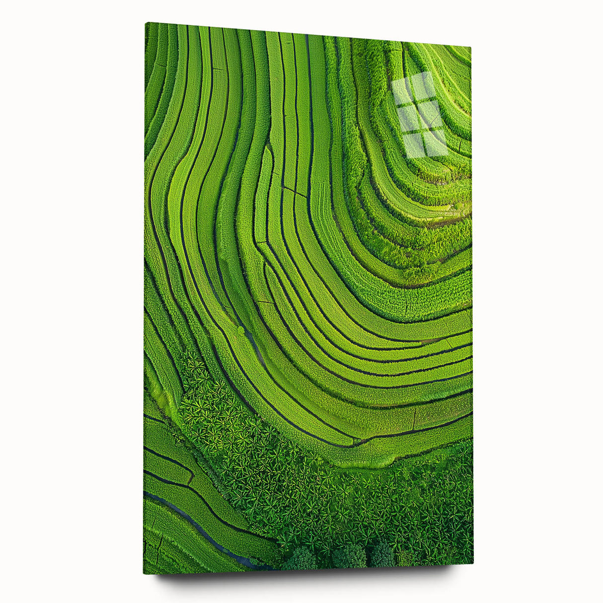 Acrylic glass artwork depicting a serene landscape of rolling green fields under a bright blue sky, presented in a modern side view, perfect for home decor.