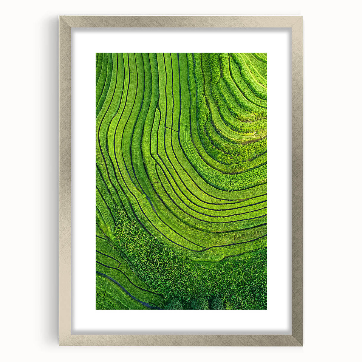 Framed landscape artwork showcasing vibrant fields under a clear blue sky, complemented by a sleek silver mat, ideal for modern home decor.