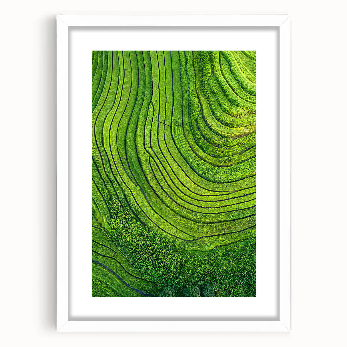 Framed landscape artwork showcasing vibrant green fields and blue sky, featuring a white mat and sleek frame, ideal for home decor or office display.
