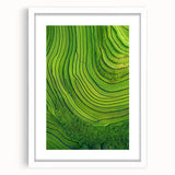 Framed landscape artwork showcasing vibrant green fields and blue sky, featuring a white mat and sleek frame, ideal for home decor or office display.