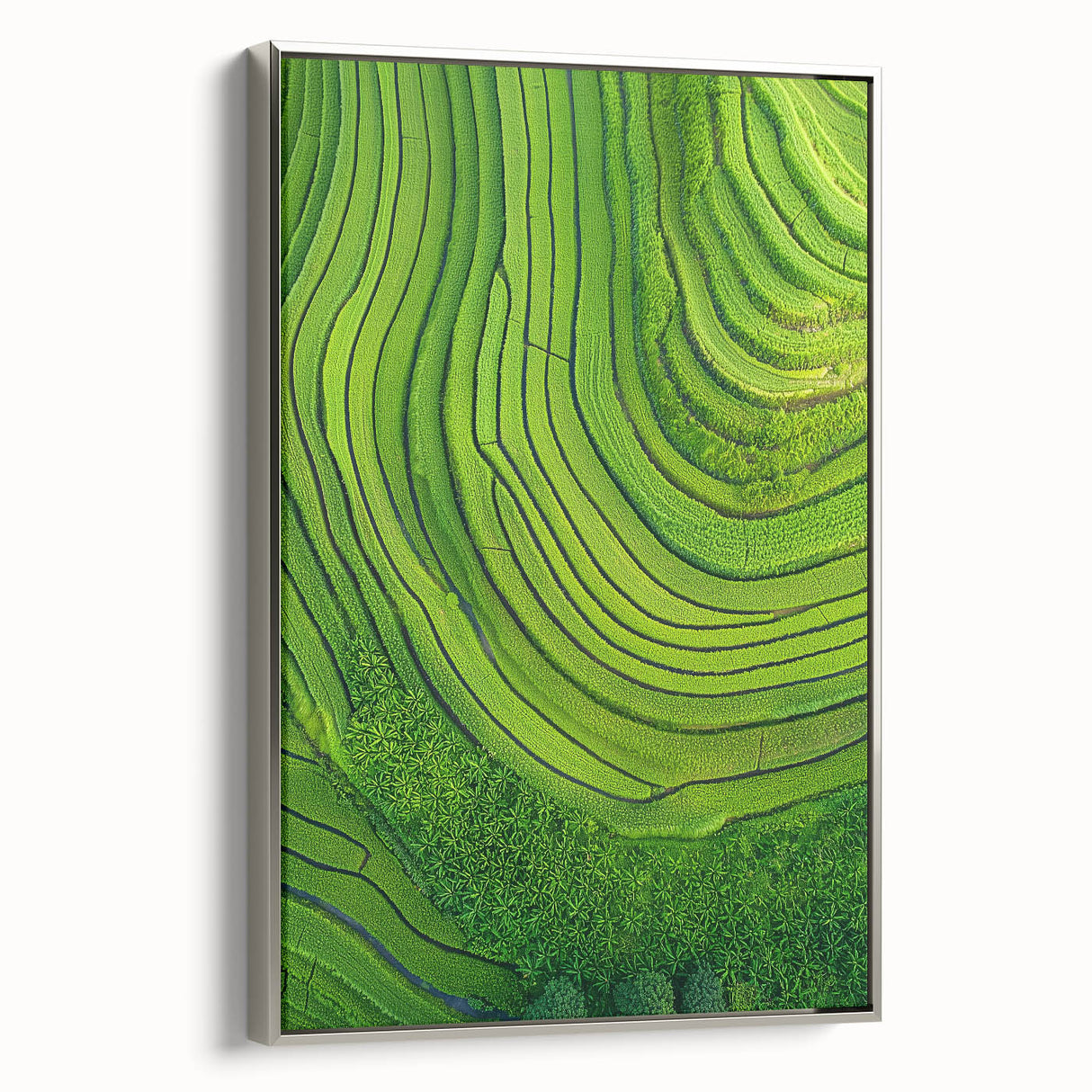 Framed canvas artwork showcasing serene landscape fields with vibrant green hues and gentle rolling hills, elegantly presented with a sleek silver frame. Perfect for home decor.