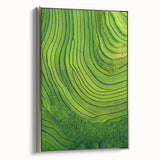 Framed canvas artwork showcasing serene landscape fields with vibrant green hues and gentle rolling hills, elegantly presented with a sleek silver frame. Perfect for home decor.