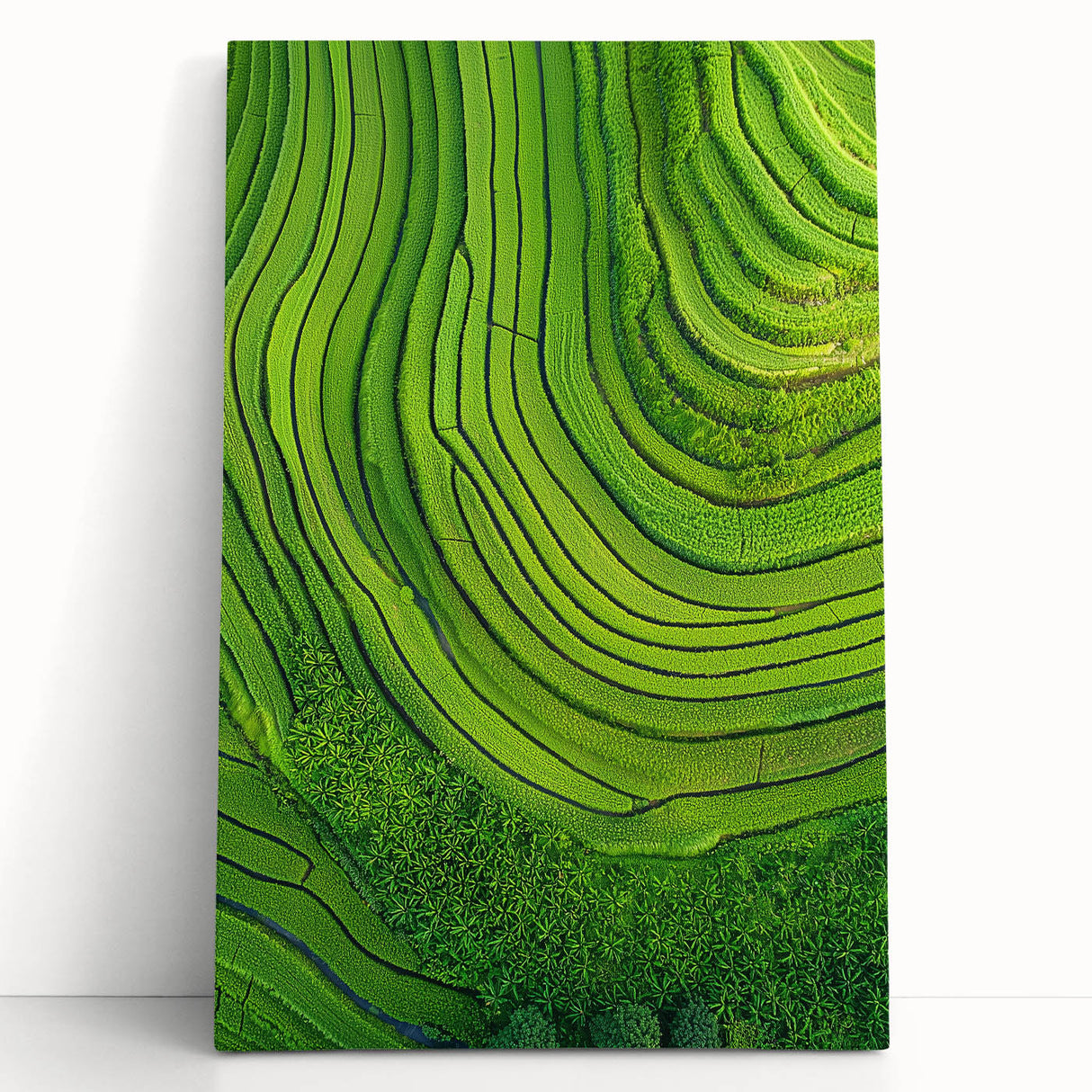 Stretched canvas artwork depicting serene green fields under a clear blue sky, leaning against a white wall, ideal for home decor or office spaces.
