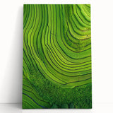 Stretched canvas artwork depicting serene green fields under a clear blue sky, leaning against a white wall, ideal for home decor or office spaces.
