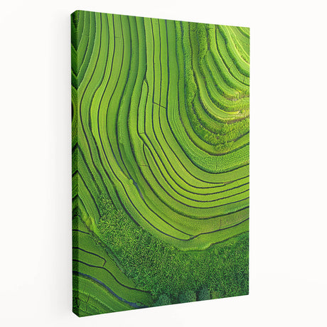 Vibrant stretched canvas artwork showcasing a serene landscape with rolling fields under a blue sky, perfect for home or office decor, enhancing tranquility and beauty.