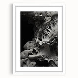 Abstract art print featuring swirls in muted gray and blue tones, framed in white, ideal for dining room decor.