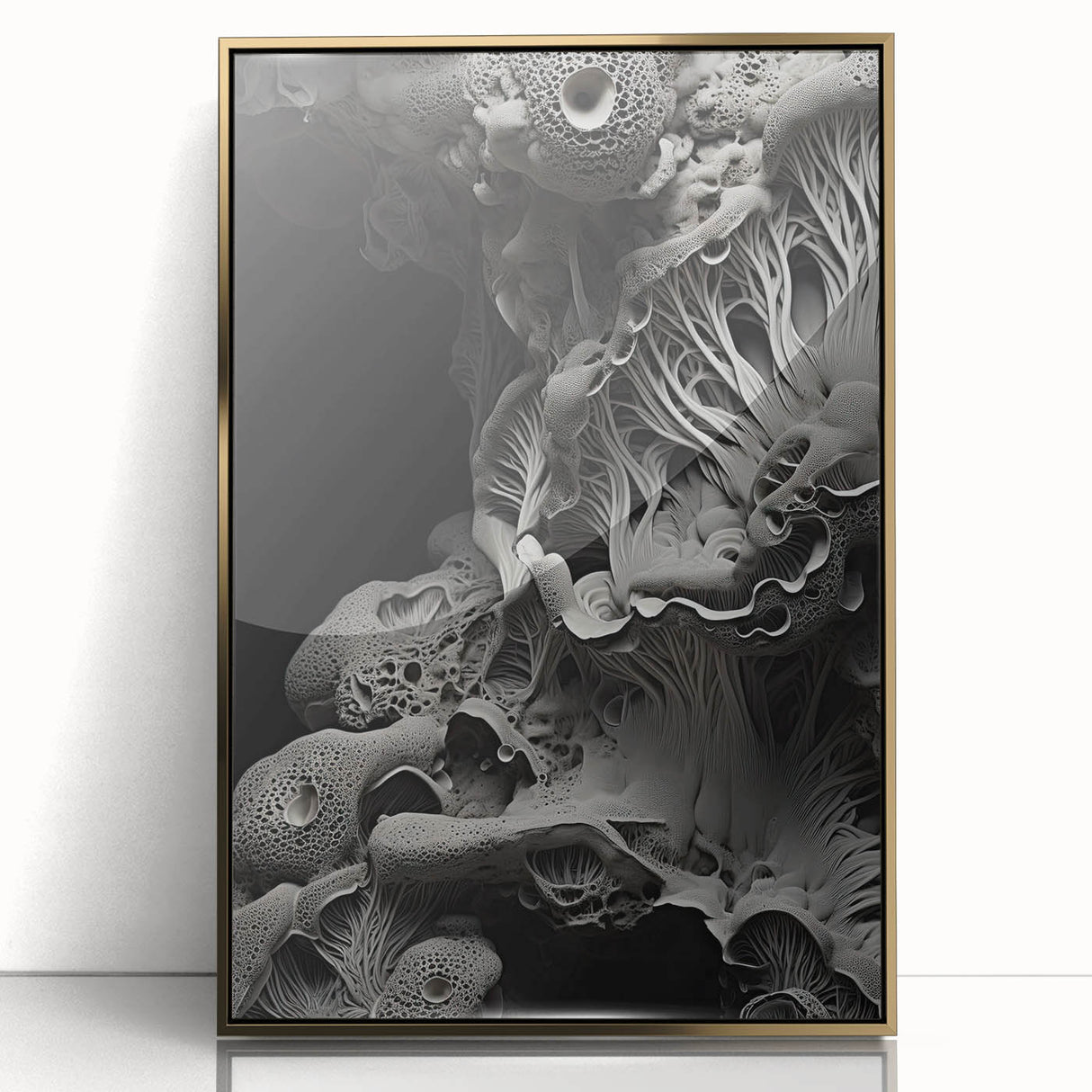 Large mid-century modernist art print of natural elements in gold tones, acrylic framed, ideal for modern nursery decor.