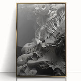 Large mid-century modernist art print of natural elements in gold tones, acrylic framed, ideal for modern nursery decor.