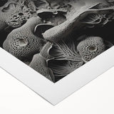 Art deco poster featuring geometric shapes in muted gold and teal on rolled canvas, suitable for dining room decor.