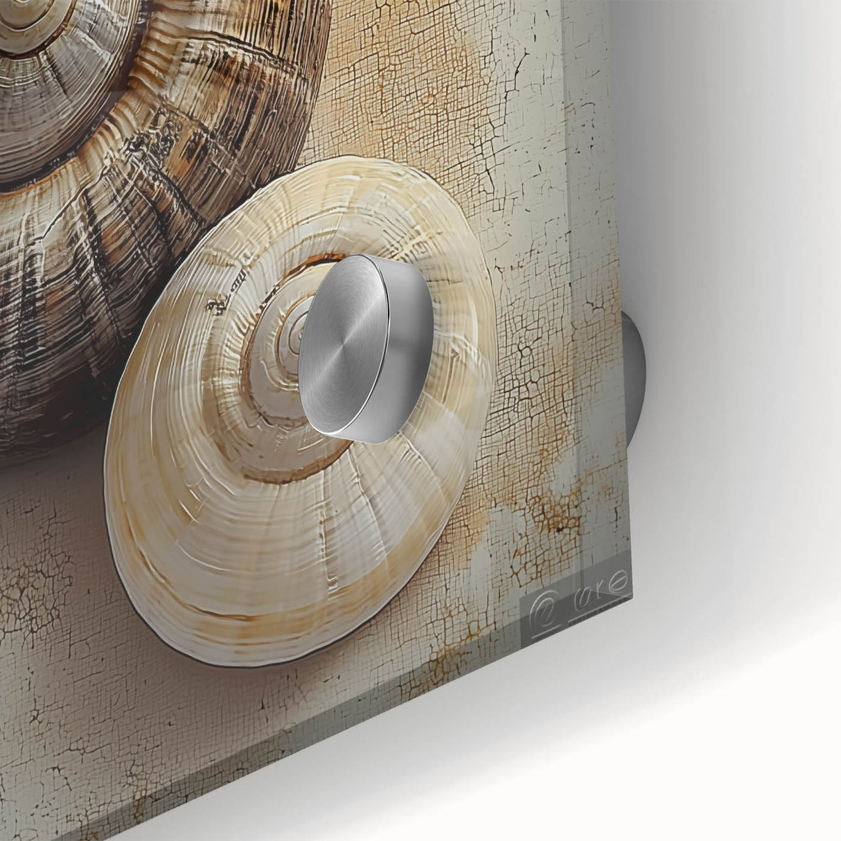 Large abstract wall art on acrylic glass featuring close-up nature elements in muted green and brown.