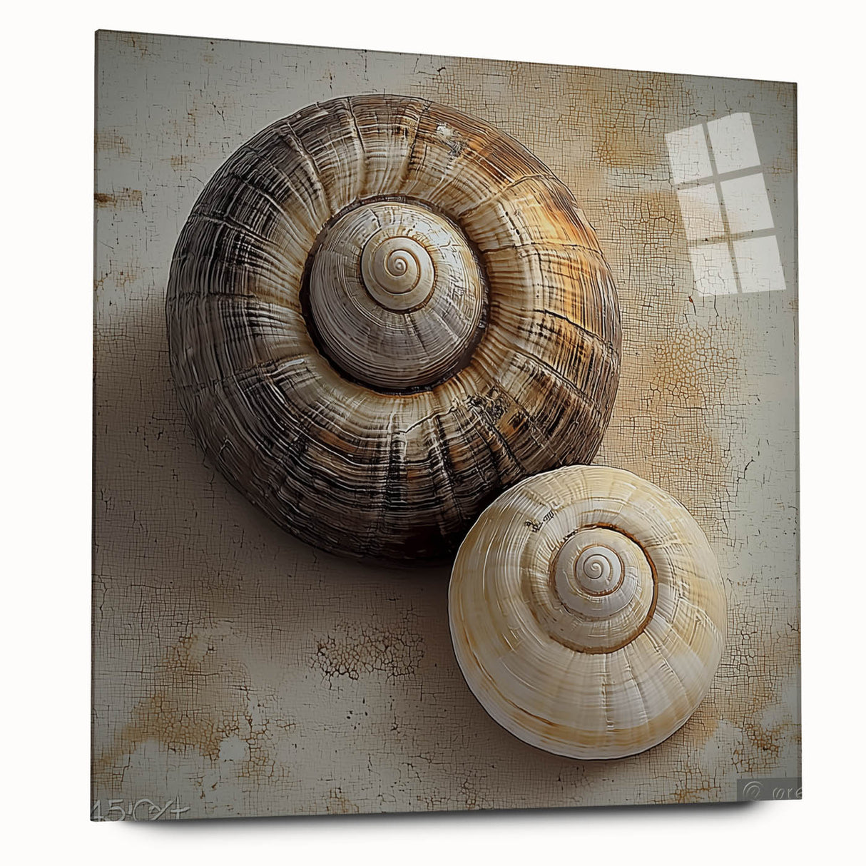 Large abstract wall art print on acrylic, featuring close-up nature elements in muted green and blue tones.