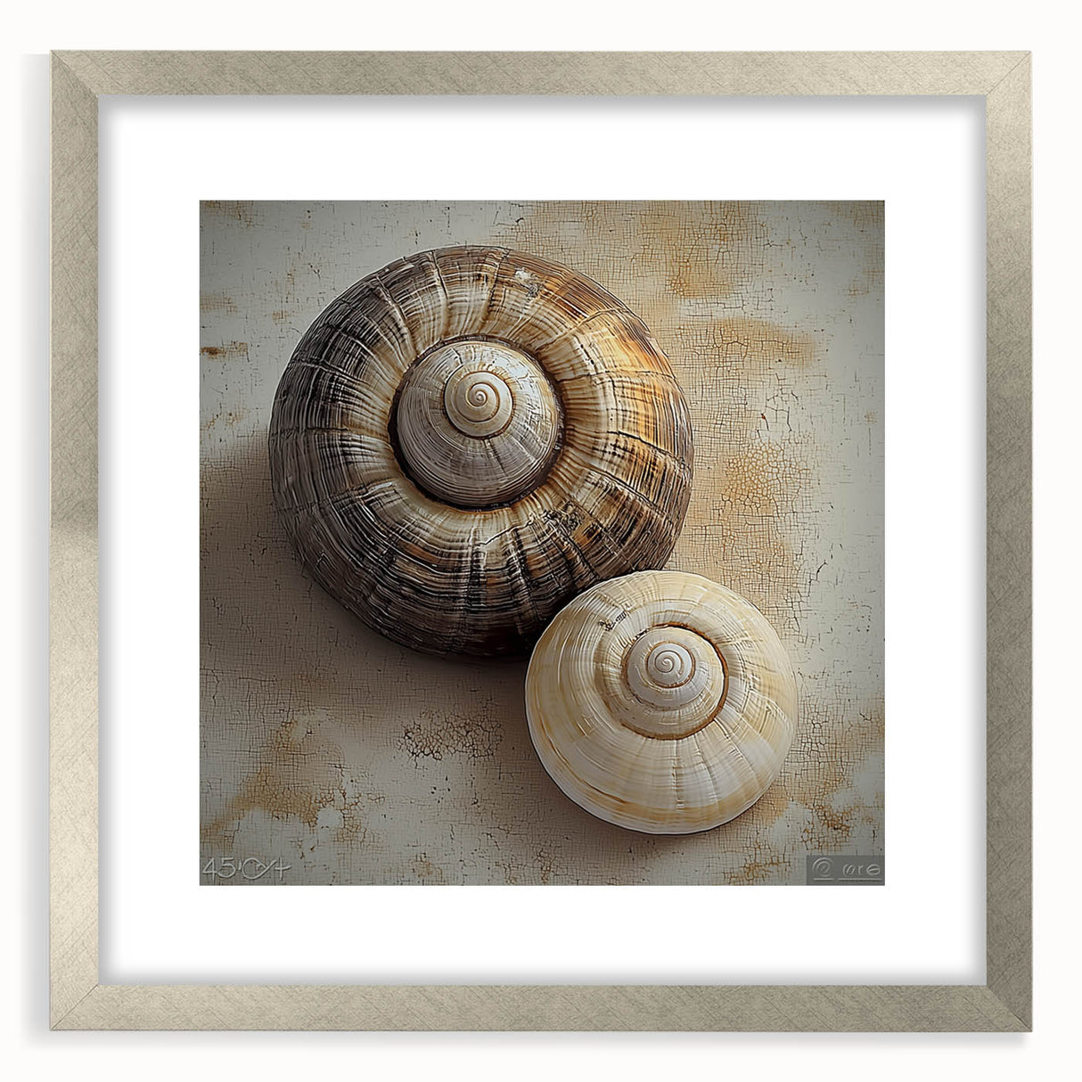 Textured art print featuring abstract patterns in earthy tones on a silver-framed canvas, suitable for bedroom decor.