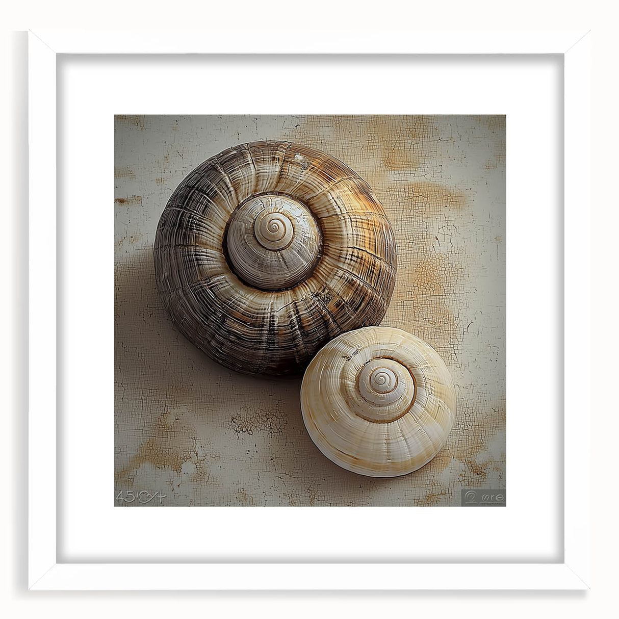 Abstract art print featuring close-up elements of nature in muted green and white, displayed in a white frame with mat.