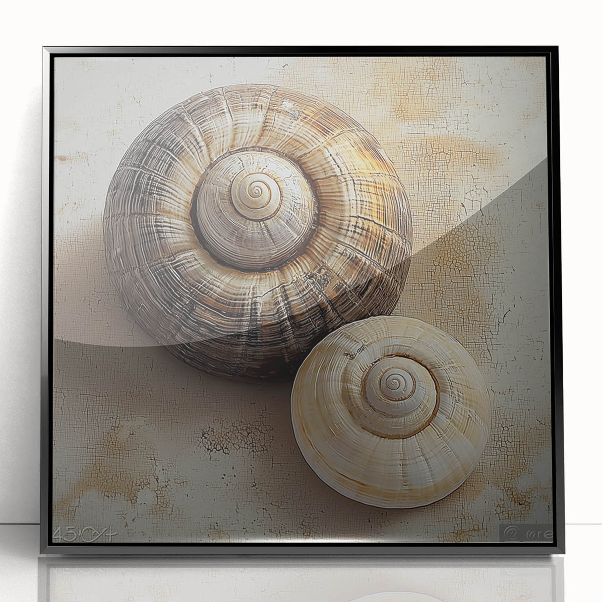Large abstract wall art depicting nature elements in black and white tones, framed in acrylic.