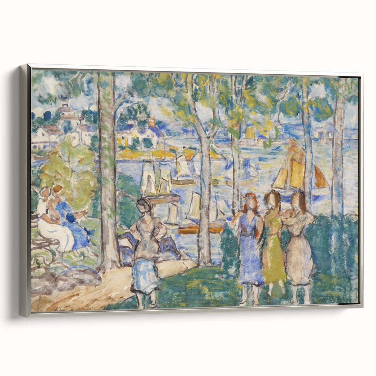 Realism Art Prints - Trees, Houses, People by Maurice Prendergast