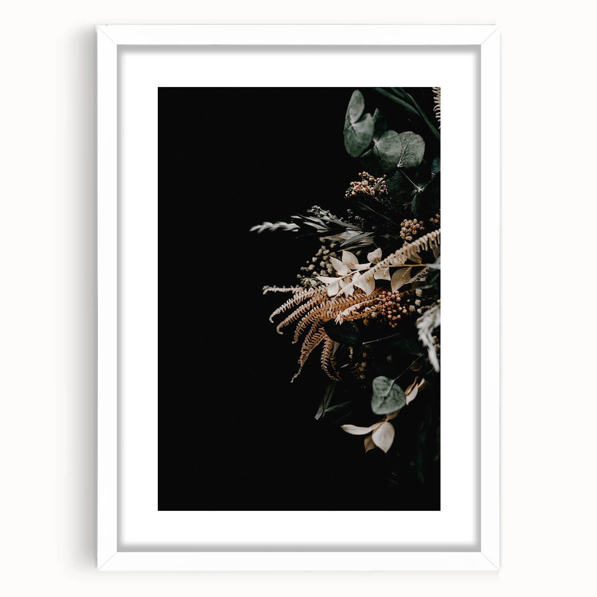 Abstract art print featuring warm autumnal hues on a white framed canvas, suitable for bedroom or dining room decor.