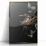 Large art print of a mid-century modernist fall scene in gold and orange tones, framed acrylic.