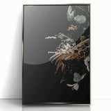 Mid-century modernist art depicting autumn trees in earth tones on a silver-framed acrylic print.