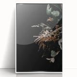 Art deco poster featuring a stylized autumn landscape in muted orange and brown tones on a white acrylic frame.